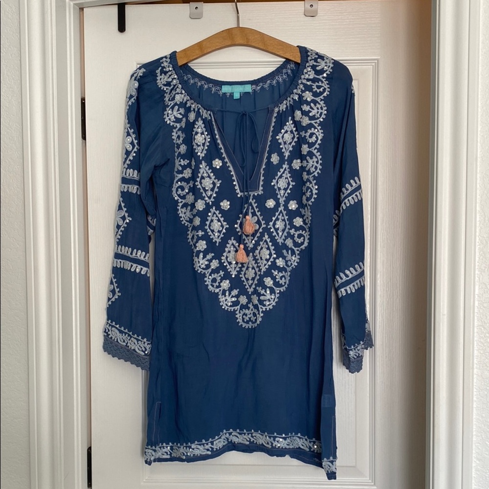 Blue Embroidered Tunic Top/ Coverup